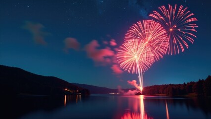 Large fireworks display lit up over a serene lake at night