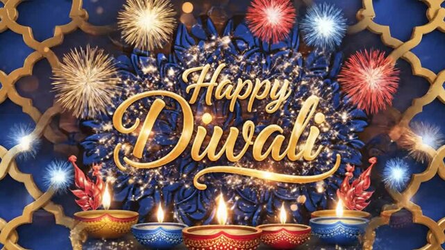 An opulent motion graphic features a shimmering, ornate golden script emerging gracefully against a deep royal blue background. The elegant backdrop is adorned with an intricate, repeating geometric p