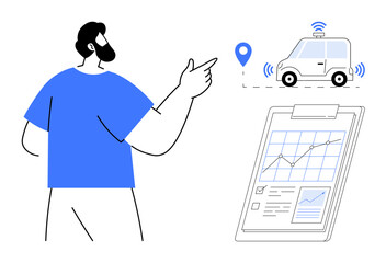 Man gestures towards a smart, connected vehicle highlighted by GPS marker and signals while standing near a clipboard showing analytics and progress checks. Ideal for technology, innovation