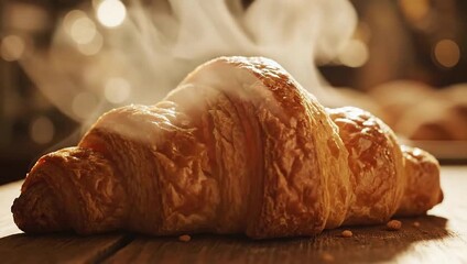 A close-up view of a freshly baked croissant with steam, evoking warmth and deliciousness