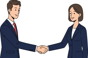 Businessman and businesswoman shaking hands, cartoon vector, professional agreement, workplace interaction, formal attire, partnership moment, successful meeting, white background