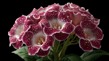 Gloxinia flowers bloom with vibrant colors and unique patterns, showcasing their beauty against a dark background in a close-up view