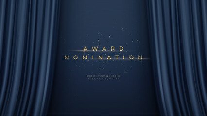 Vector Illustration Background Award Nomination On Stage With Gold Text Curtains Blue Night Glamour Spotlight