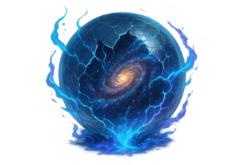 Cosmic energy orb shattering, revealing a galaxy inside, mystic magic breaking sphere with glowing blue light