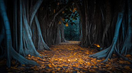 Forest Path with Lamp: Golden Fallen Leaves and Tall Trees, Mysterious Fantasy Nature Scene for Design Inspiration