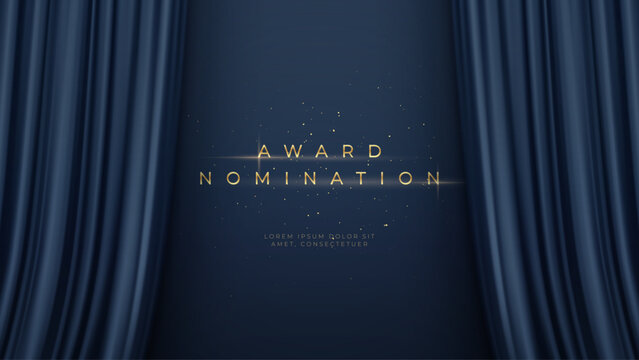 Vector Illustration Background Award Nomination On Stage With Gold Text Curtains Blue Night Glamour Spotlight