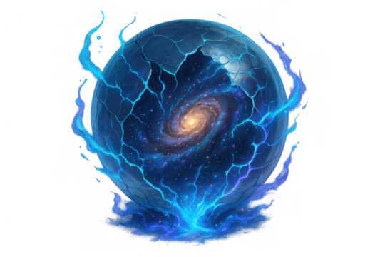 Cosmic energy orb shattering, revealing a galaxy inside, mystic magic breaking sphere with glowing blue light