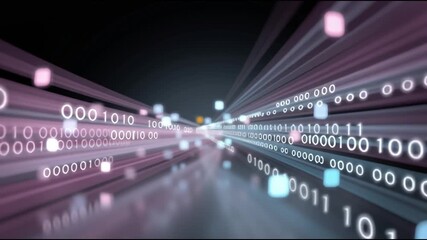 Dynamic flow of colorful binary data streams converging into a vibrant digital landscape, showcasing rapid movement and depth, camera zooms out to reveal expansive scene - Powered by Adobe