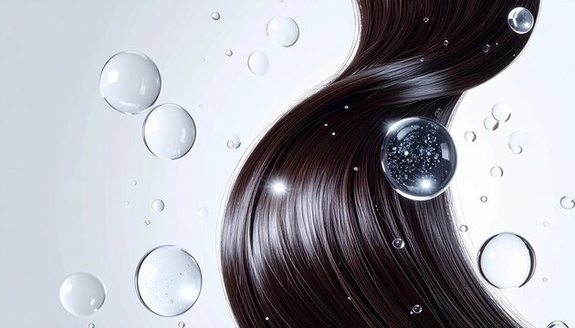 美しい髪に宿る水の輝き。しっとりと潤う髪を表現した科学的イメージ ジェネレーティブAI
