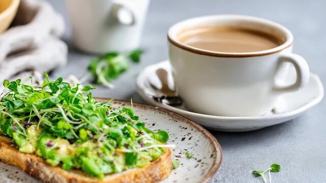 Toast topped with mashed avocado and fresh sprouts on a plate beside a cup of coffee.