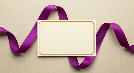 Close-Up of Elegant Greeting Card with Purple Ribbon Decoration | Blank Invitation or Holiday Message Background