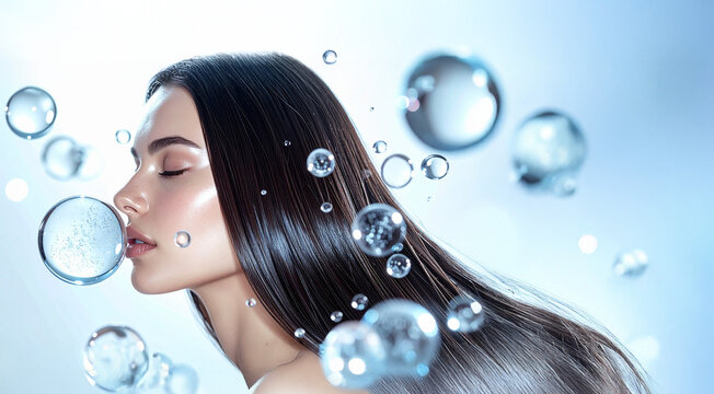 髪のキューティクルに密着する水の粒子。潤いと透明感を描く美容広告素材 ジェネレーティブAI