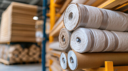 eco-friendly roof and wall insulation materials in warehouse-style hardware store, organic construction products, copy space