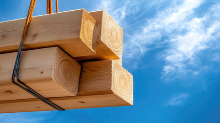 crane lifting wooden beams onto delivery platform in construction warehouse yard, industrial logistics scene