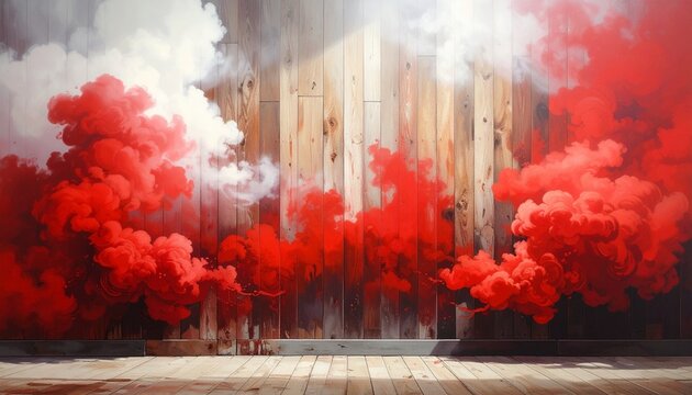Vivid crimson smoke swirls in rustic room