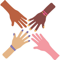 Diverse Hands Reaching Together In Unity With Different Skin Tones And Manicured Nails Symbolizing Connection And Teamwork