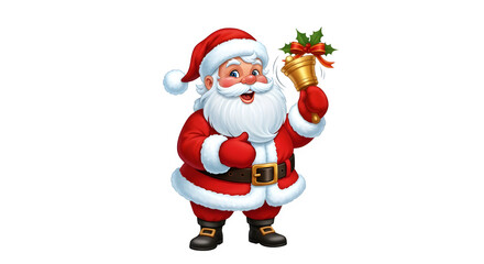 Jolly santa claus ringing a golden christmas bell with festive ribbon