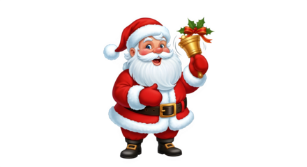 Jolly santa claus ringing a golden christmas bell with festive ribbon