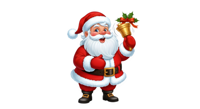 Jolly santa claus ringing a golden christmas bell with festive ribbon