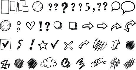 Fototapeta premium Hand Drawn Sketch Symbols Set Arrows, Shapes, Check Mark, Star and Question Mark