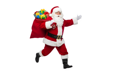 Santa claus running with a bag full of colorful gifts