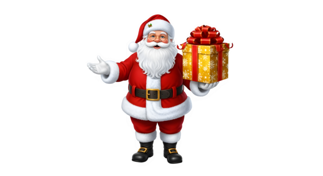 Santa claus holding a festive christmas gift with a black background