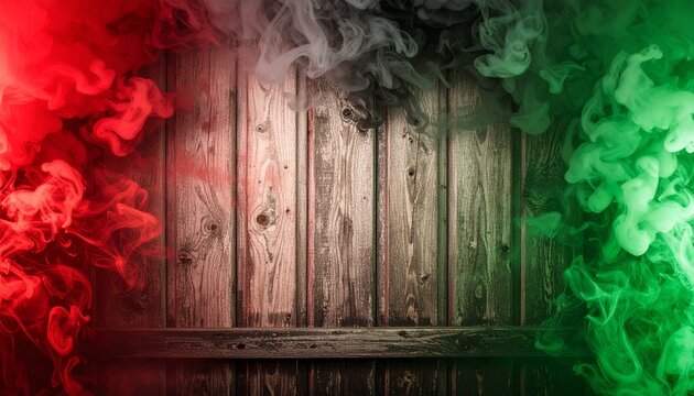 Rustic wood framed by colored smoke