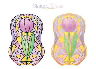 Colorful Tulip Flower Stained Glass Clipart Watercolor Illustration | Vector