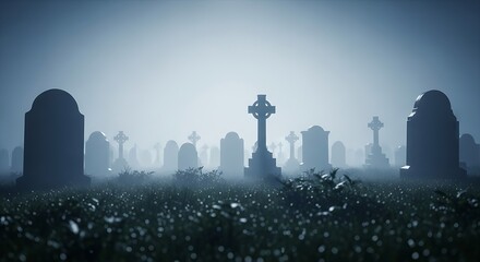Eerie graveyard scene shrouded in mist, featuring weathered tombstones and celtic crosses, evoking a sense of mystery and remembrance in the twilight