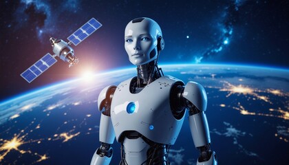 Fototapeta premium Futuristic Female Robot in Space, with a satellite orbiting Earth
