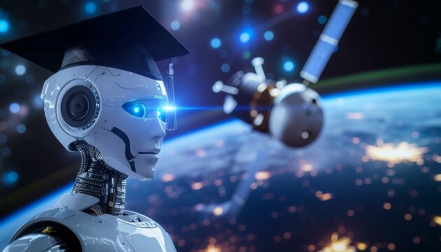 A futuristic robot with a graduation cap gazing at the satellite in space, symbolizing technological advancement and education. The robot has a serene expression, with planet earth background. - Powered by Adobe