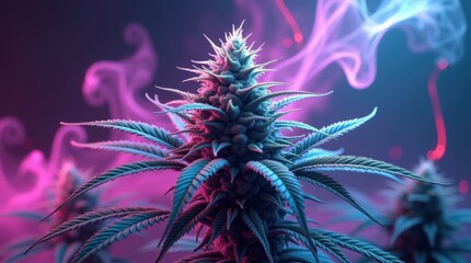 Close up of a cannabis bud with vibrant pink and blue smoke