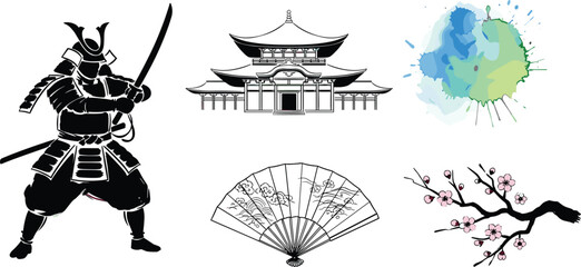 Japanese culture illustration, samurai and temple, cherry blossoms, folding fan, watercolor splash, heritage theme, flat vector design