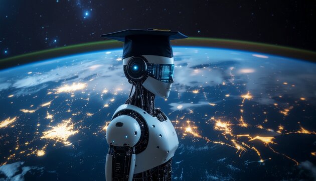 A robot student with graduation cap in space