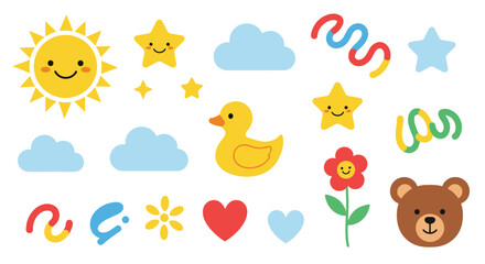 Cute and colorful collection of cartoon icons including sun, clouds, stars, duck, bear, flowers, hearts, and abstract shapes for kid-friendly designs.