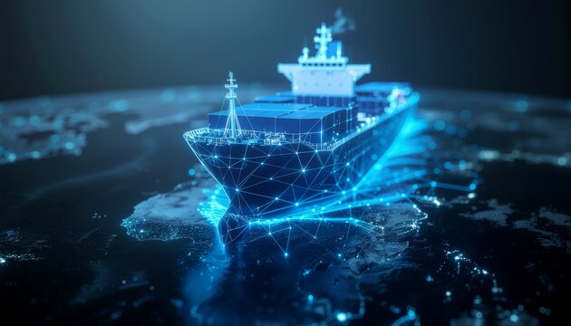 Digital cargo ship navigating the world map. Represents logistics, import-export, and global transportation