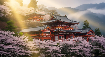 Byodo-in temple in uji, japan, bathed in golden morning sun rays, surrounded by vibrant pink cherry blossoms during spring
