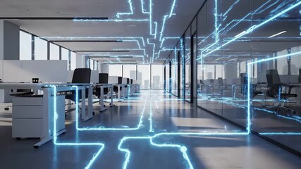 Modern corporate office interior with digital network visualization overlay. Futuristic workspace with glowing circuit patterns, glass partitions, and connected technology infrastructure. Smart - Powered by Adobe