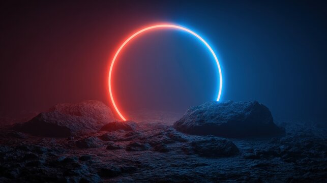 Vibrant neon glowing circle in a futuristic night scene with luminous abstract art, modern digital design, colorful atmospheric effect, and cosmic visual appeal