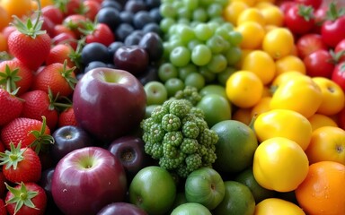 Assortment of fresh organic fruits and vegetables in rainbow colors. High quality