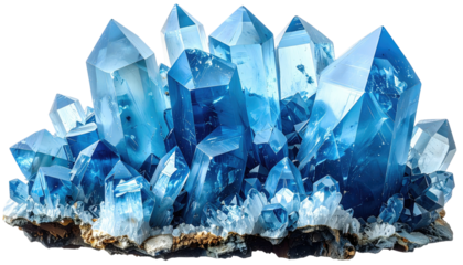 Blue crystal cluster; geode. Shimmering, sharp. Mineralogy