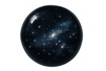 Universe in a sphere representing cosmology, space, galaxies, and stars on a transparent background