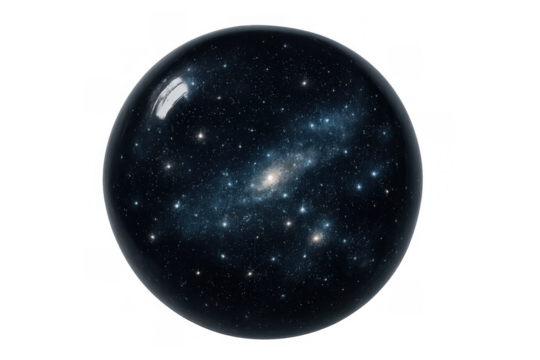 Universe in a sphere representing cosmology, space, galaxies, and stars on a transparent background