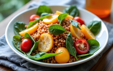 Vegetable Millet salad with red onion, cherry tomatoes, spinach, tangerine and clementine dressing. healthy food. High quality