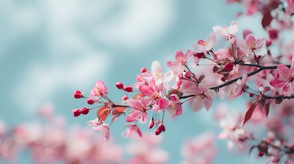 Obraz premium Blooming Pink Crabapple Blossoms Against Soft Blue Sky in Spring