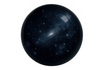 Cosmic sphere showing galaxy and stars, reflecting universe and deep space, abstract scientific concept with transparent background