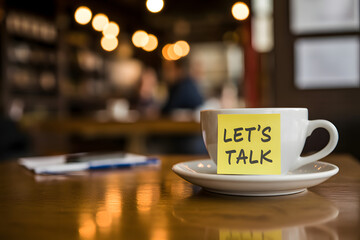 Coffee Cup Conversation Starter: An inviting coffee cup sits on a wooden table, a sticky note that reads Let's Talk promises connection and conversation in a cozy café setting.