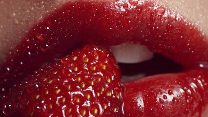 Sensual Strawberry: The luscious lips and the succulent strawberry offer a feast for the eyes, embodying both allure and the delightful taste.