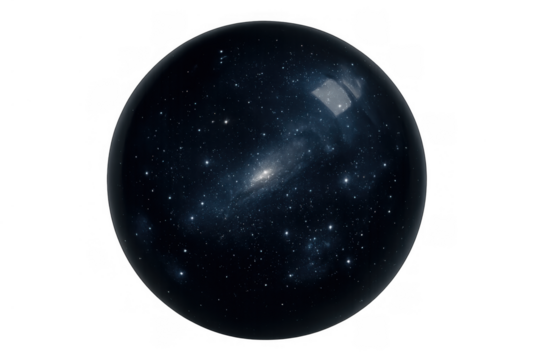 Cosmic sphere showing galaxy and stars, reflecting universe and deep space, abstract scientific concept with transparent background
