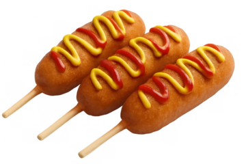 Three golden brown corn dogs with zigzagging lines of red ketchup and yellow mustard on transparent background
